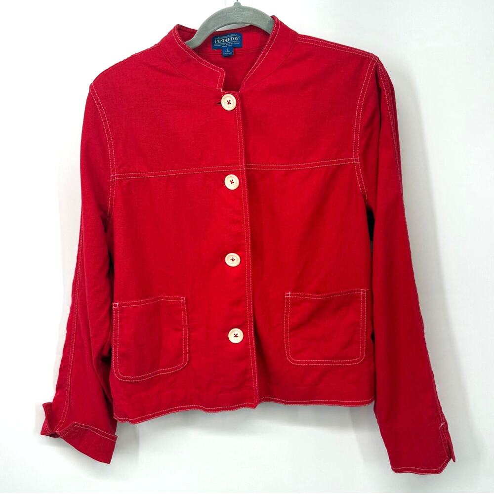Pendleton Womens Petite L Red Chore Jacket Band Collar Contrast Stitch
